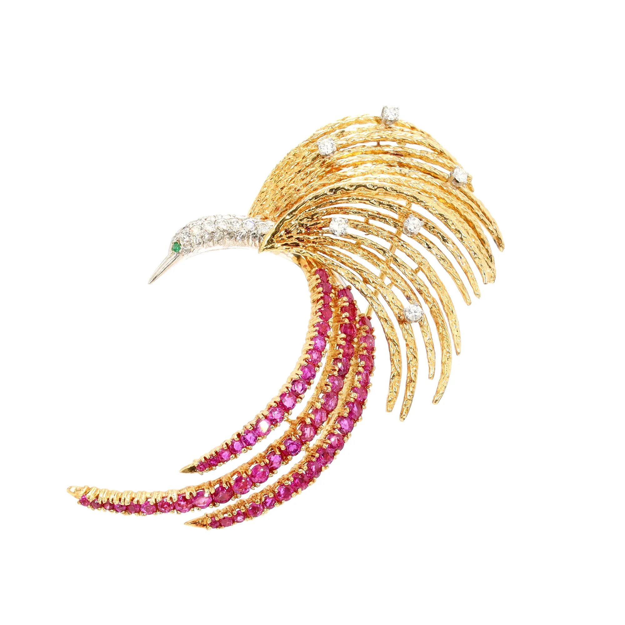 Diamond, Emerald, and Pink Sapphire Bird Pin