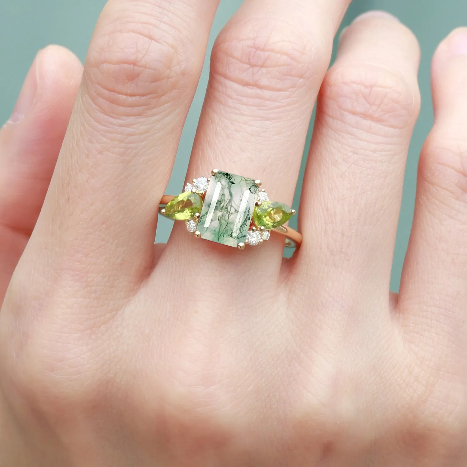 Emerald Cut Moss Agate Double Pear Peridot Engagement Ring