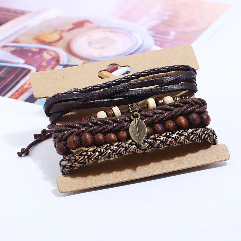 European And American Simple Retro Set Bracelet Braided Leather Punk Bracelet Men's Leather Bracelet