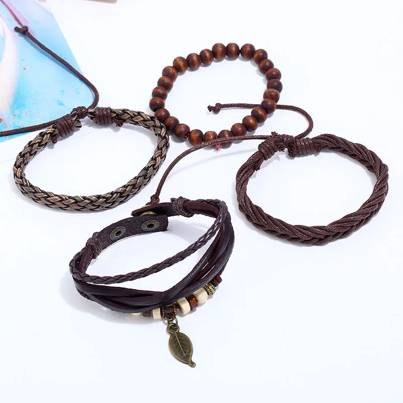 European And American Simple Retro Set Bracelet Braided Leather Punk Bracelet Men's Leather Bracelet