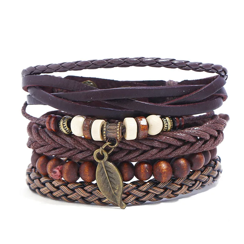 European And American Simple Retro Set Bracelet Braided Leather Punk Bracelet Men's Leather Bracelet