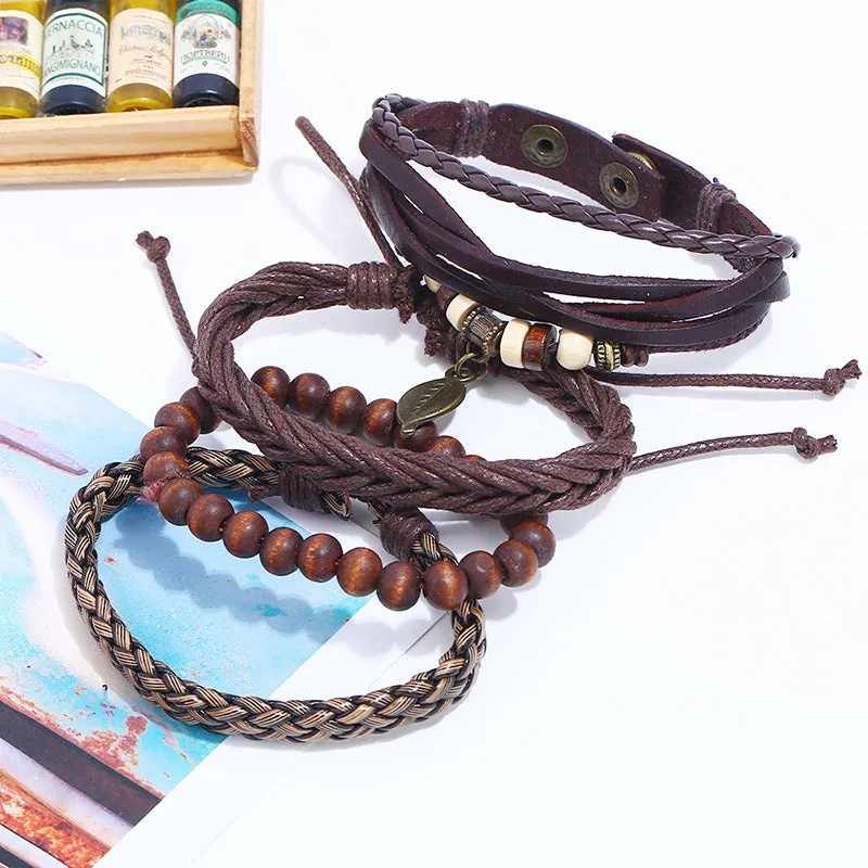 European And American Simple Retro Set Bracelet Braided Leather Punk Bracelet Men's Leather Bracelet