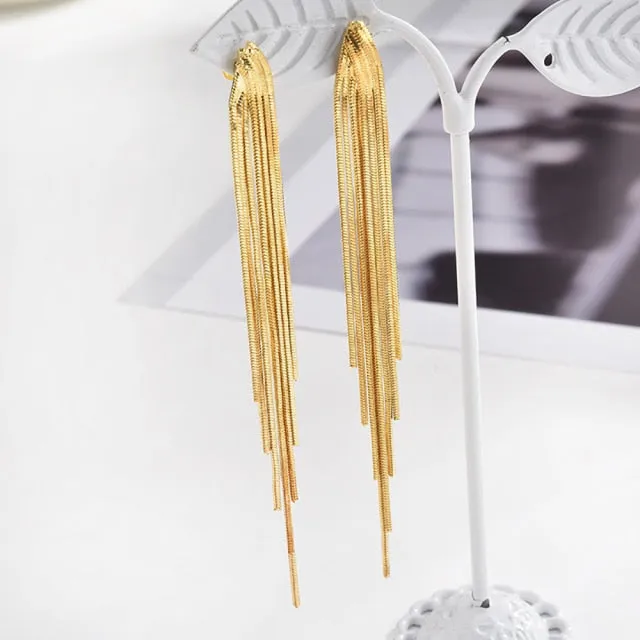 FashionSierra - Vintage Glossy Arc Bar Long Thread Tassel Drop Earrings