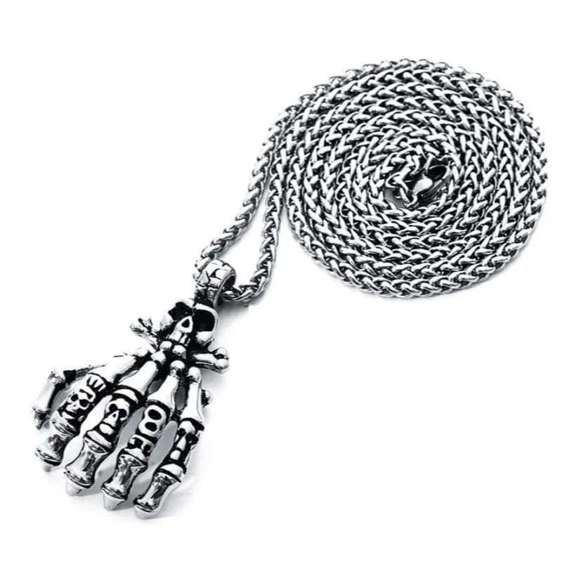 Gothic Skeleton Hand Bones Pendant Necklace (Vintage Silver) (27 5 Inch (70cm) )