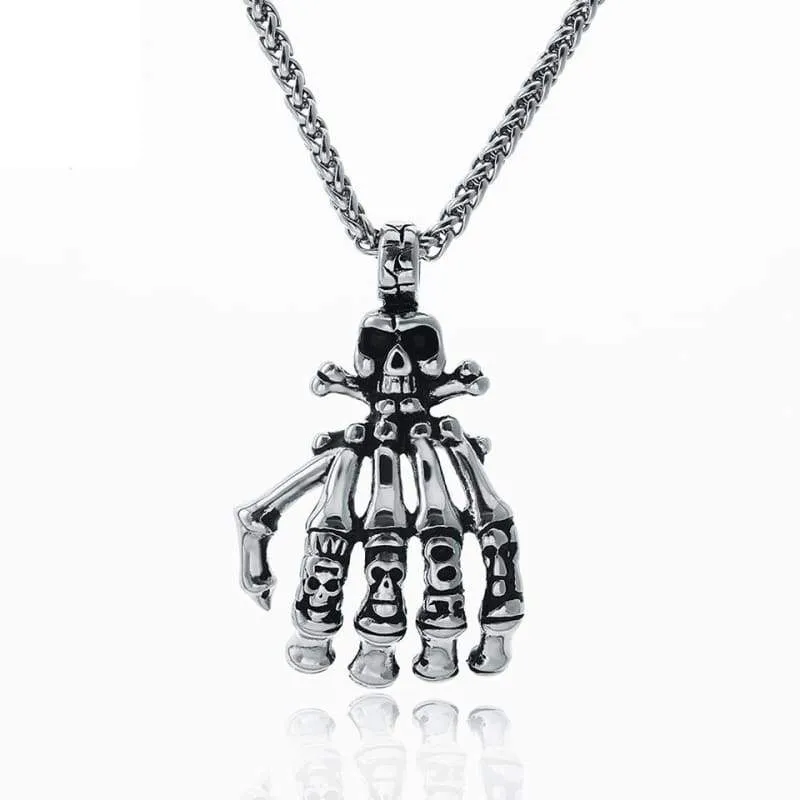 Gothic Skeleton Hand Bones Pendant Necklace (Vintage Silver) (27 5 Inch (70cm) )