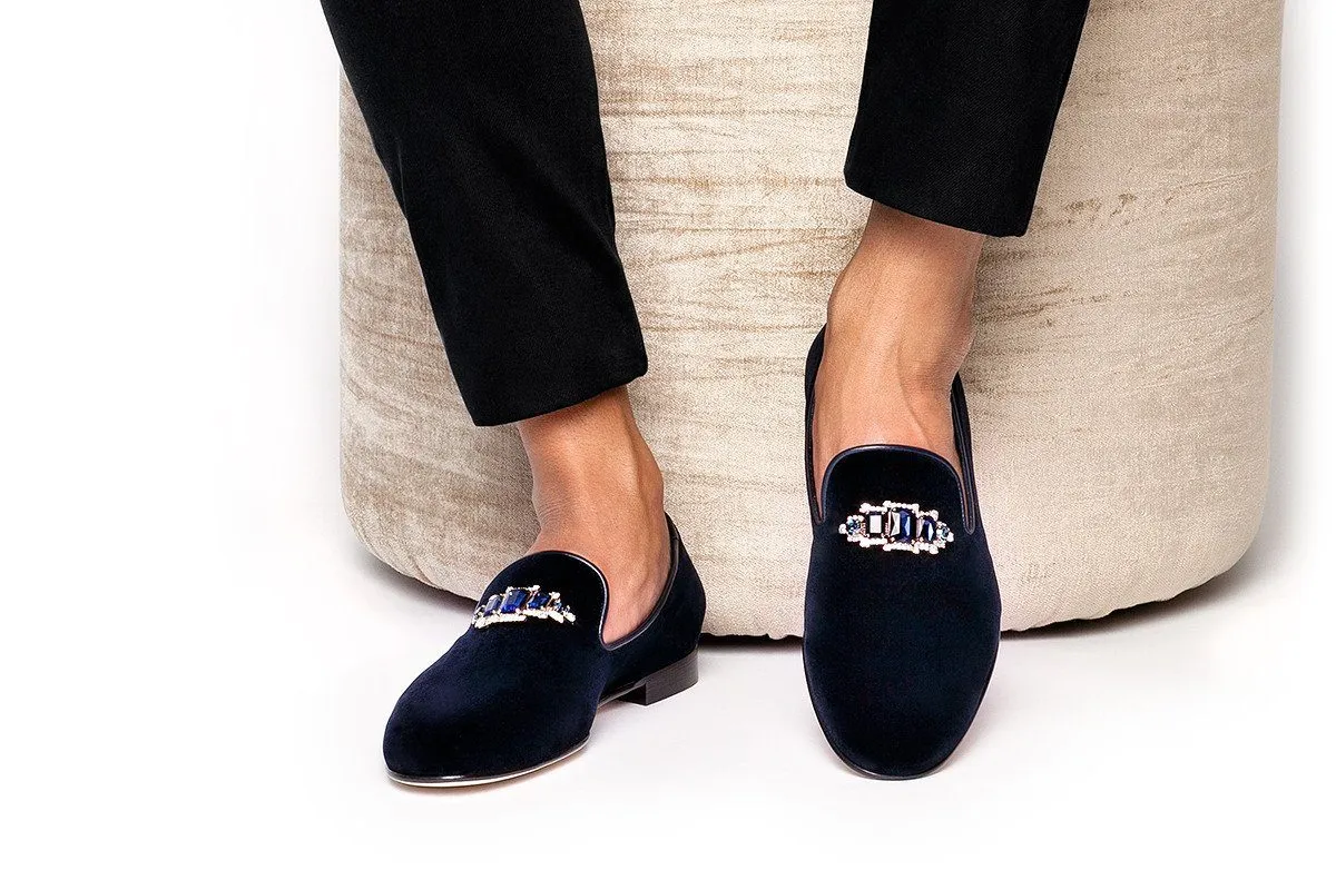 JOEL VELOUR NAVY SLIPPERS