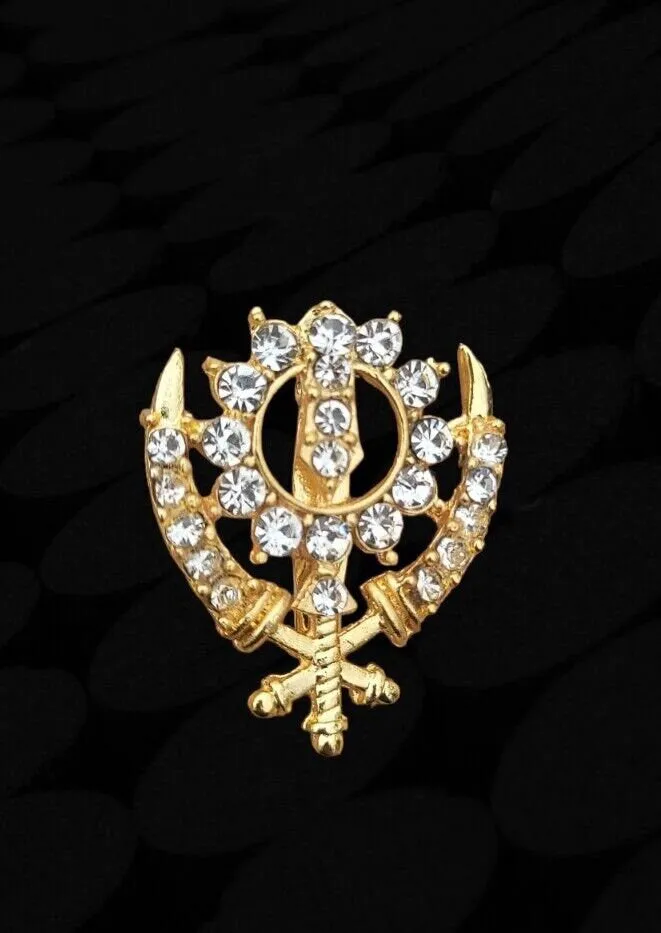 Khanda brooch gold plated stunning diamonte sikh king pin singh kaur broach n1