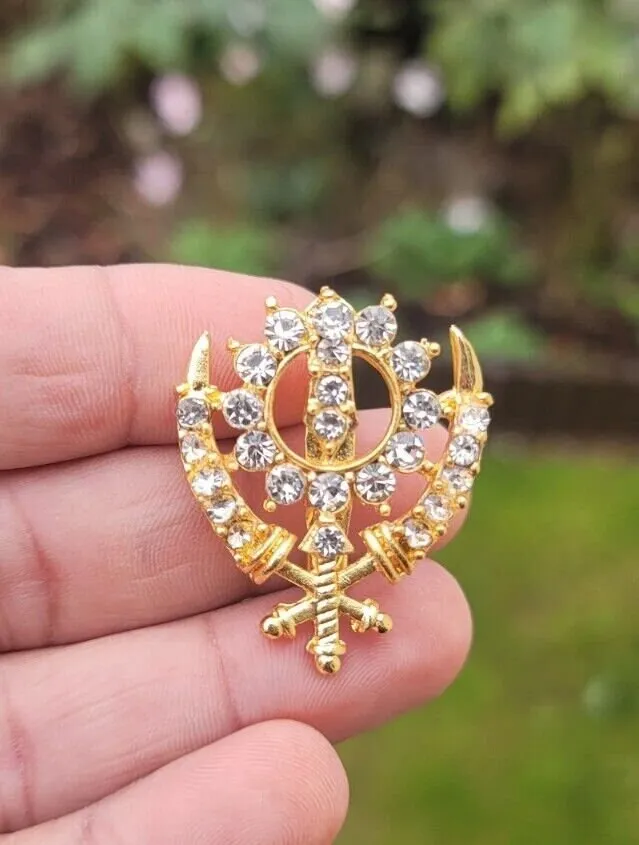 Khanda brooch gold plated stunning diamonte sikh king pin singh kaur broach n1