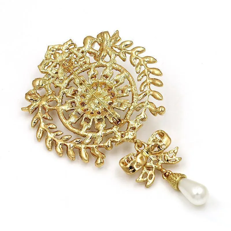 Large Size Crystal Diamante and Imitation Pearl Drop Scroll Brooches