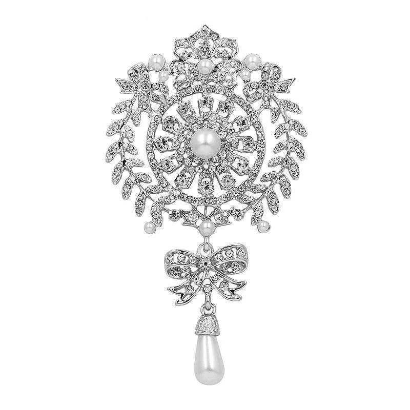 Large Size Crystal Diamante and Imitation Pearl Drop Scroll Brooches