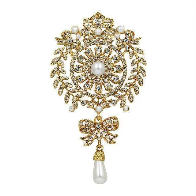 Large Size Crystal Diamante and Imitation Pearl Drop Scroll Brooches