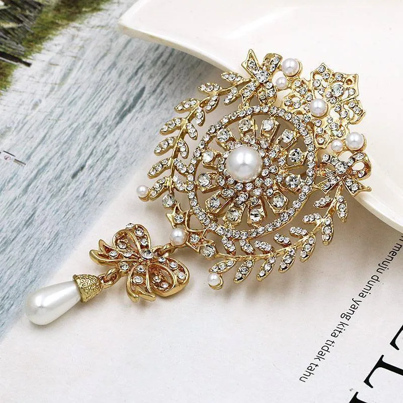 Large Size Crystal Diamante and Imitation Pearl Drop Scroll Brooches