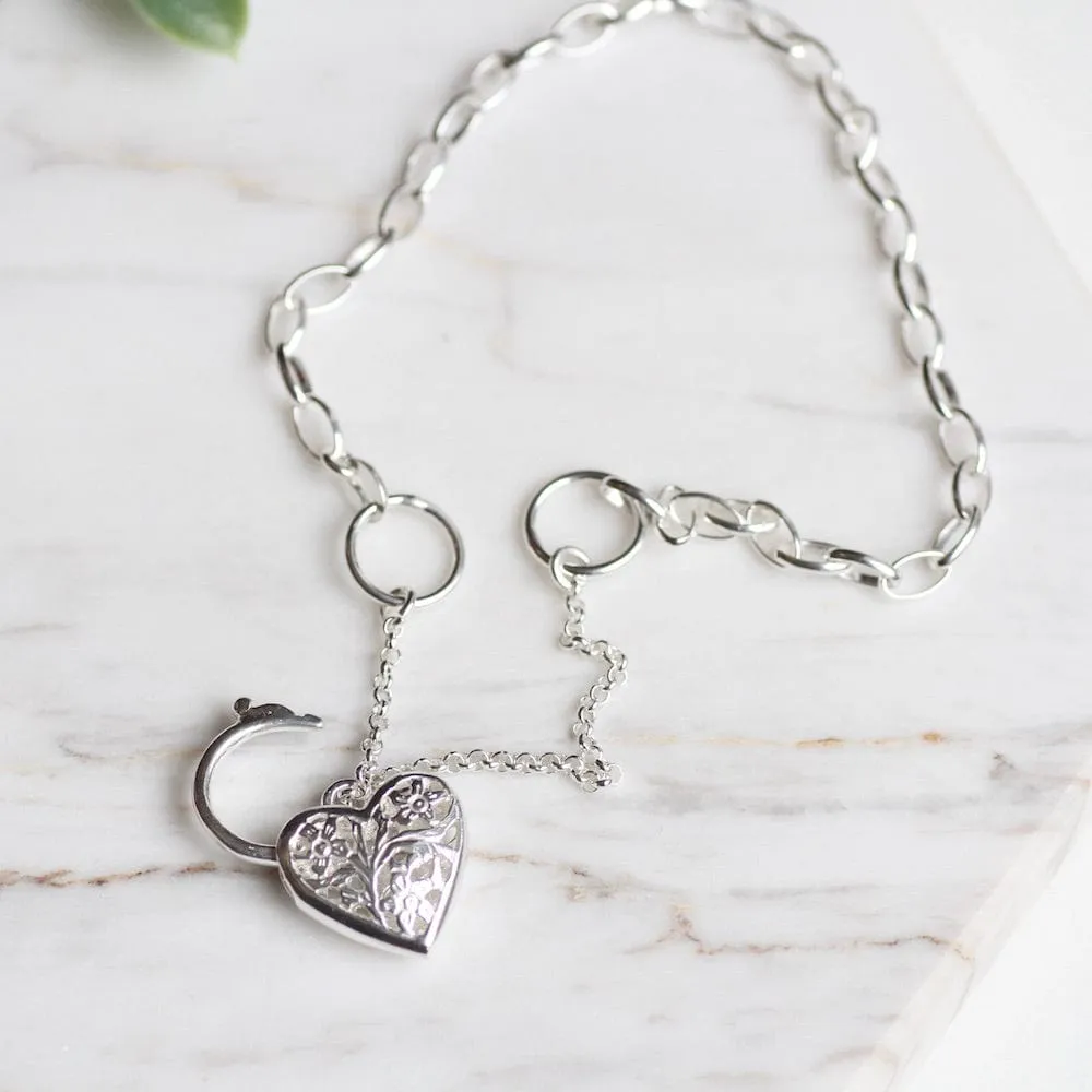 Link Chain Bracelet with Filagree Heart Lock