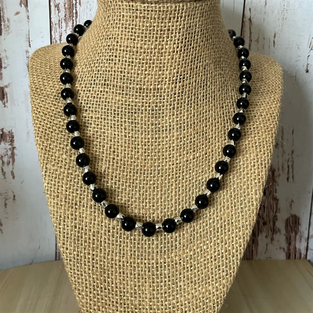 Mens Black Onyx and Silver Hexagon Beaded Necklace