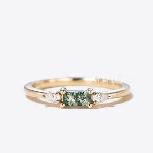 Minimalist Baguette Natural Moss Agate Wedding Band Three Stone Diamond Ring