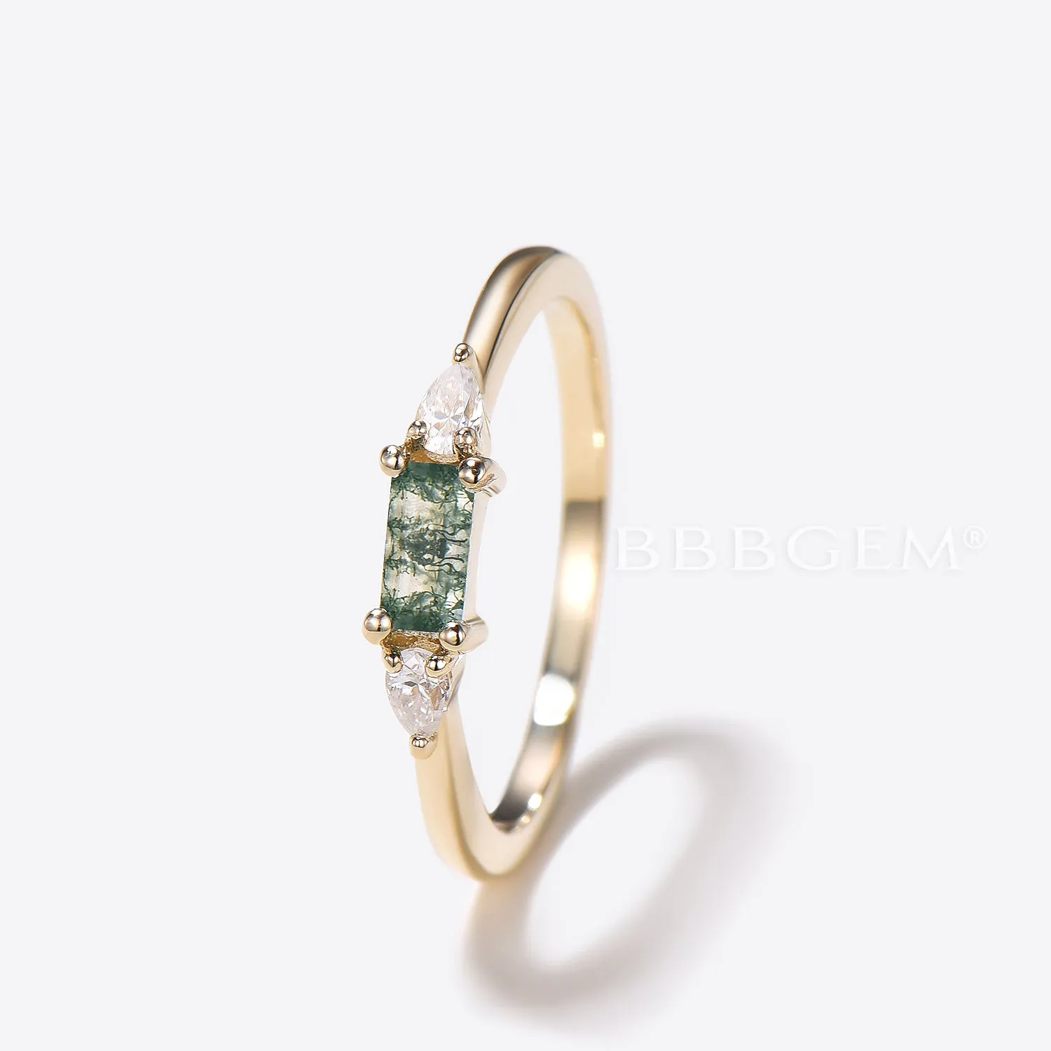 Minimalist Baguette Natural Moss Agate Wedding Band Three Stone Diamond Ring