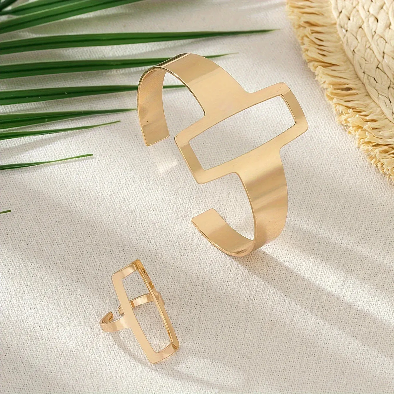 Minimalist Geometric Square Hollowed Out Bracelet and Ring Set