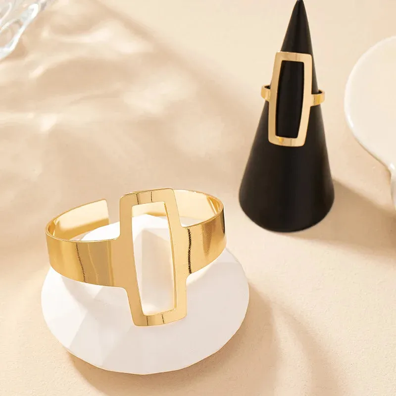 Minimalist Geometric Square Hollowed Out Bracelet and Ring Set