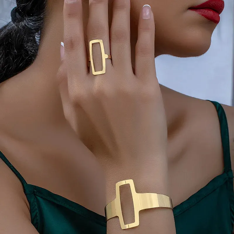 Minimalist Geometric Square Hollowed Out Bracelet and Ring Set