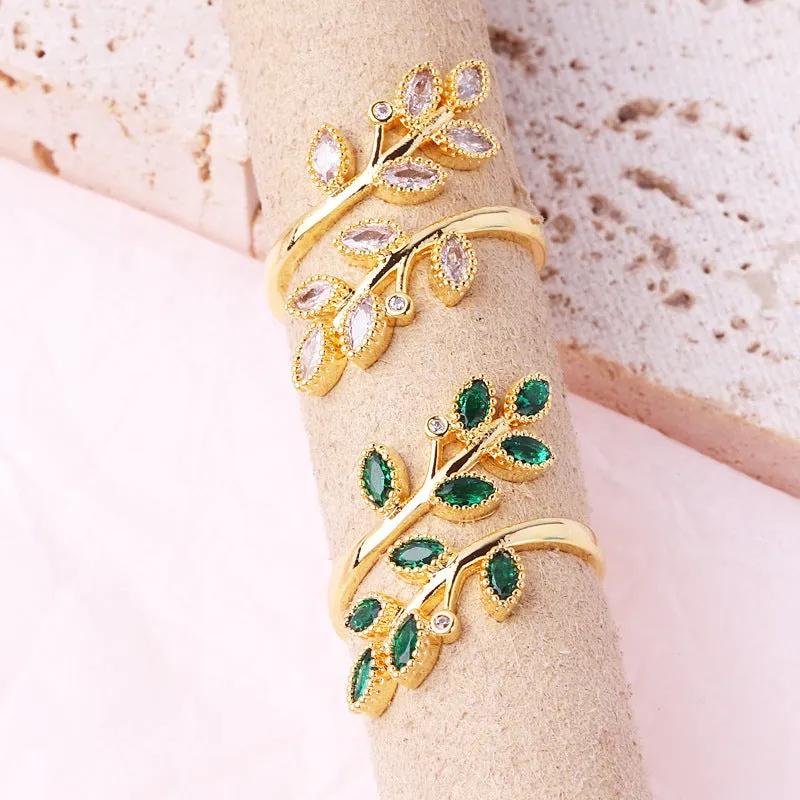 Minimalist Women Wheat Flower Copper Zircon Inlay Rings