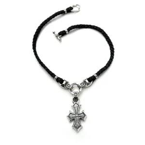 Musician's Necklace-Leather Braid with "C" Cross Crimps and Medallion