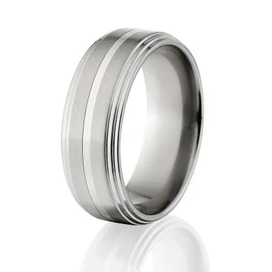 New Comfort Fit, 8mm Titanium Ring, Sterling Silver Inlay, Free Jewelry Sizing 4-17