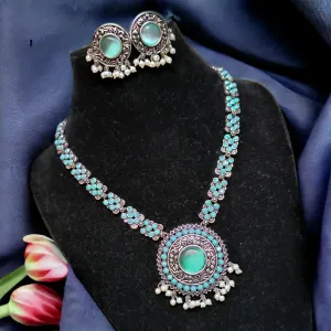 Niharika Silver Oxidized Necklace Set, Turquoise