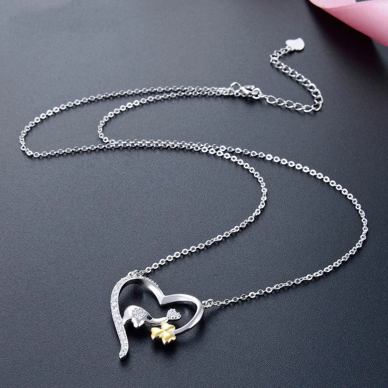 Original Design Real 925 Sterling Silver CZ Lovely Elephant Clover in Heart Pendant Necklaces for Women Fine Jewelry