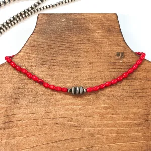 Oval Bead Necklace with Silver Saucer Beads in Red