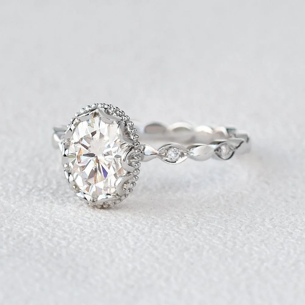 Oval Cut Moissanite Halo Milgrain Ring