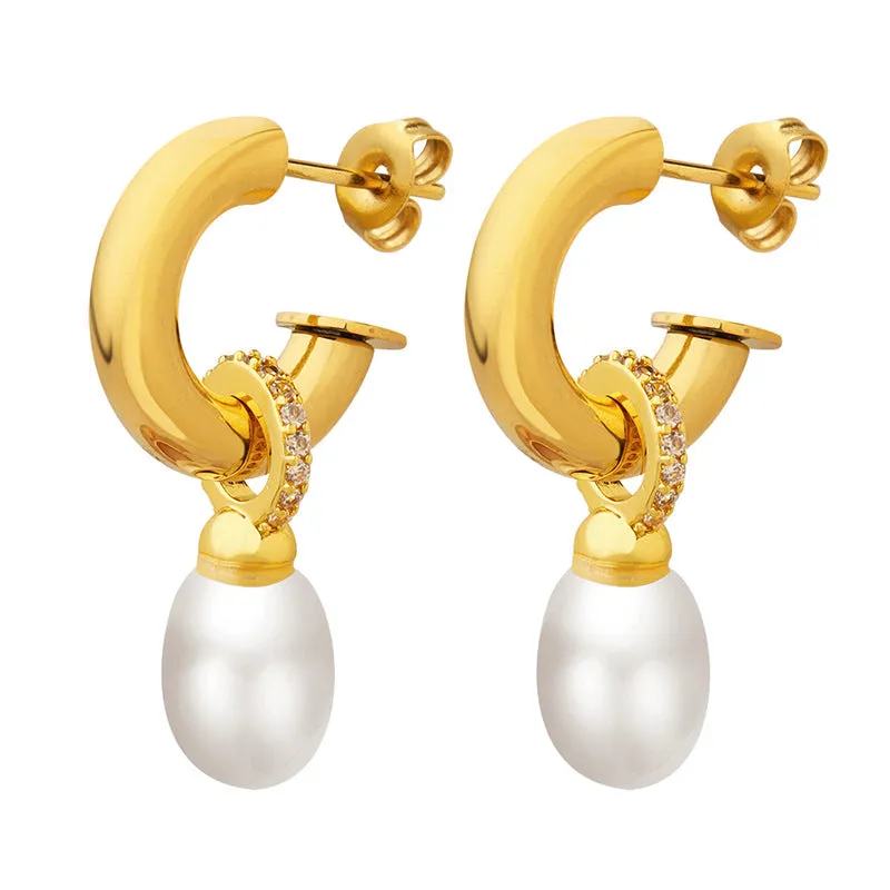 Pearl and Rhinestones Hanging Gold Hoop Earrings JLT12741