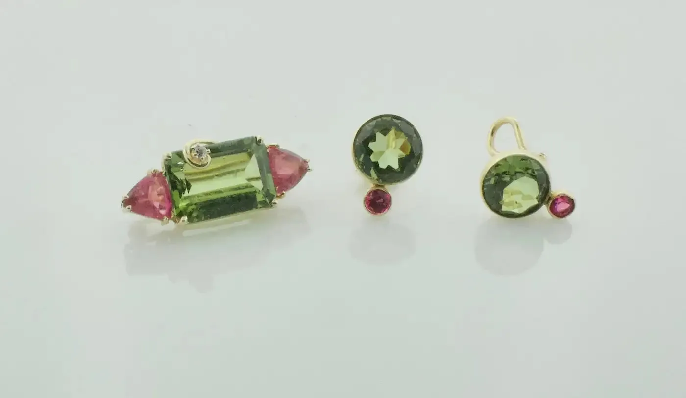 Peridot and Tourmaline Brooch and Earrings Set