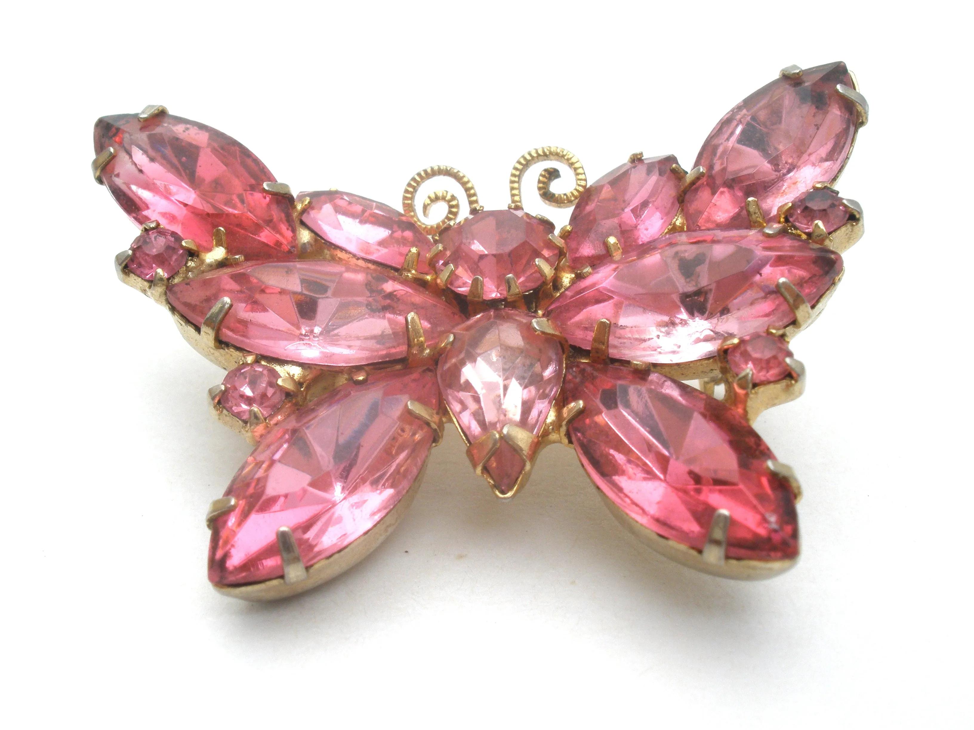 Pink Rhinestone Butterfly Brooch Pin Vintage