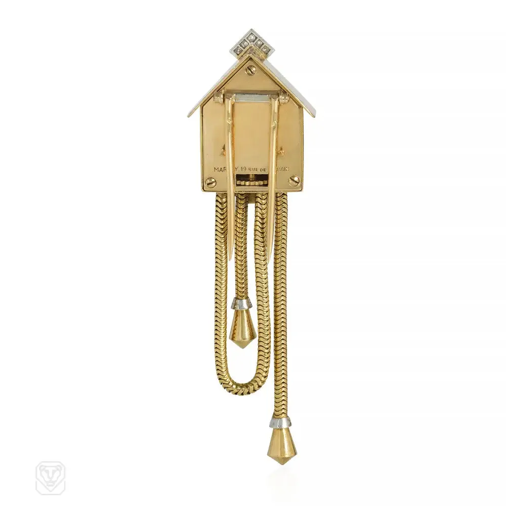 Retro French gold and diamond cuckoo clock brooch-watch