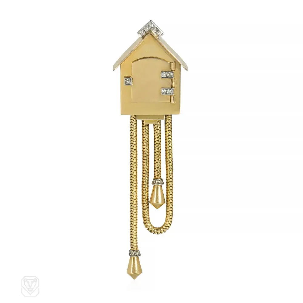 Retro French gold and diamond cuckoo clock brooch-watch