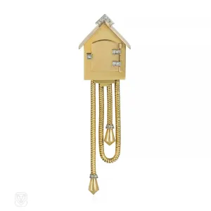 Retro French gold and diamond cuckoo clock brooch-watch