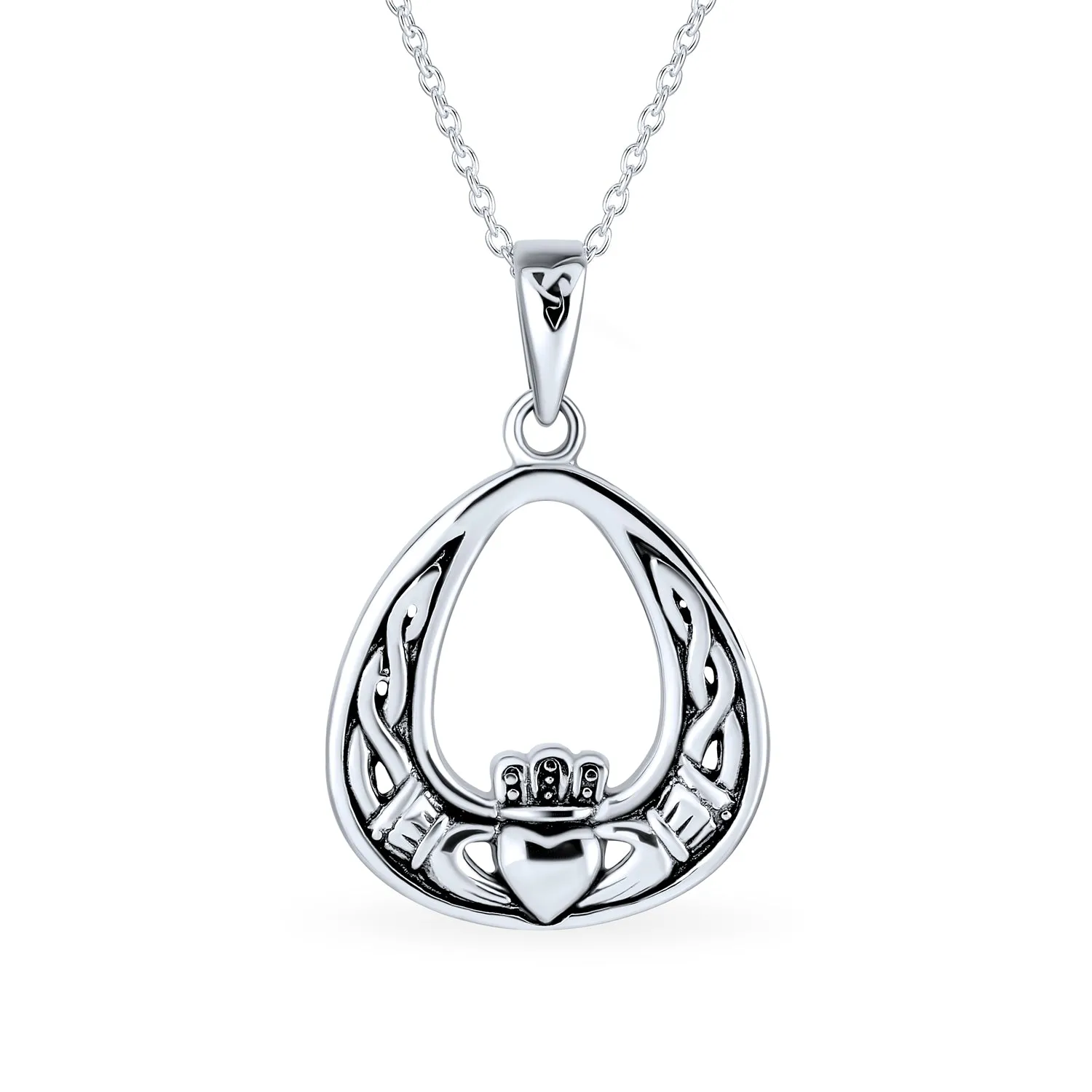 Romantic Celtic Love Knot Claddagh Pendant Necklace in Oxidized Sterling Silver