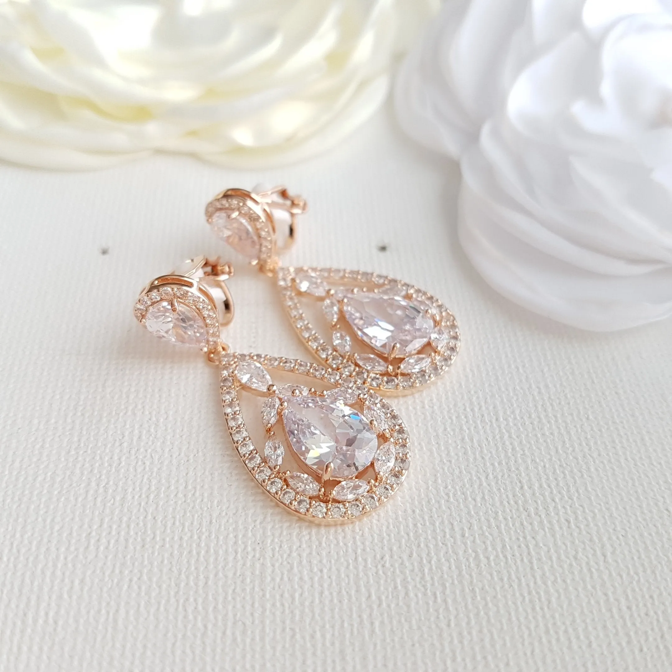 Rose Gold Clip On Earrings for Brides with Non Pierced Ears-Esther