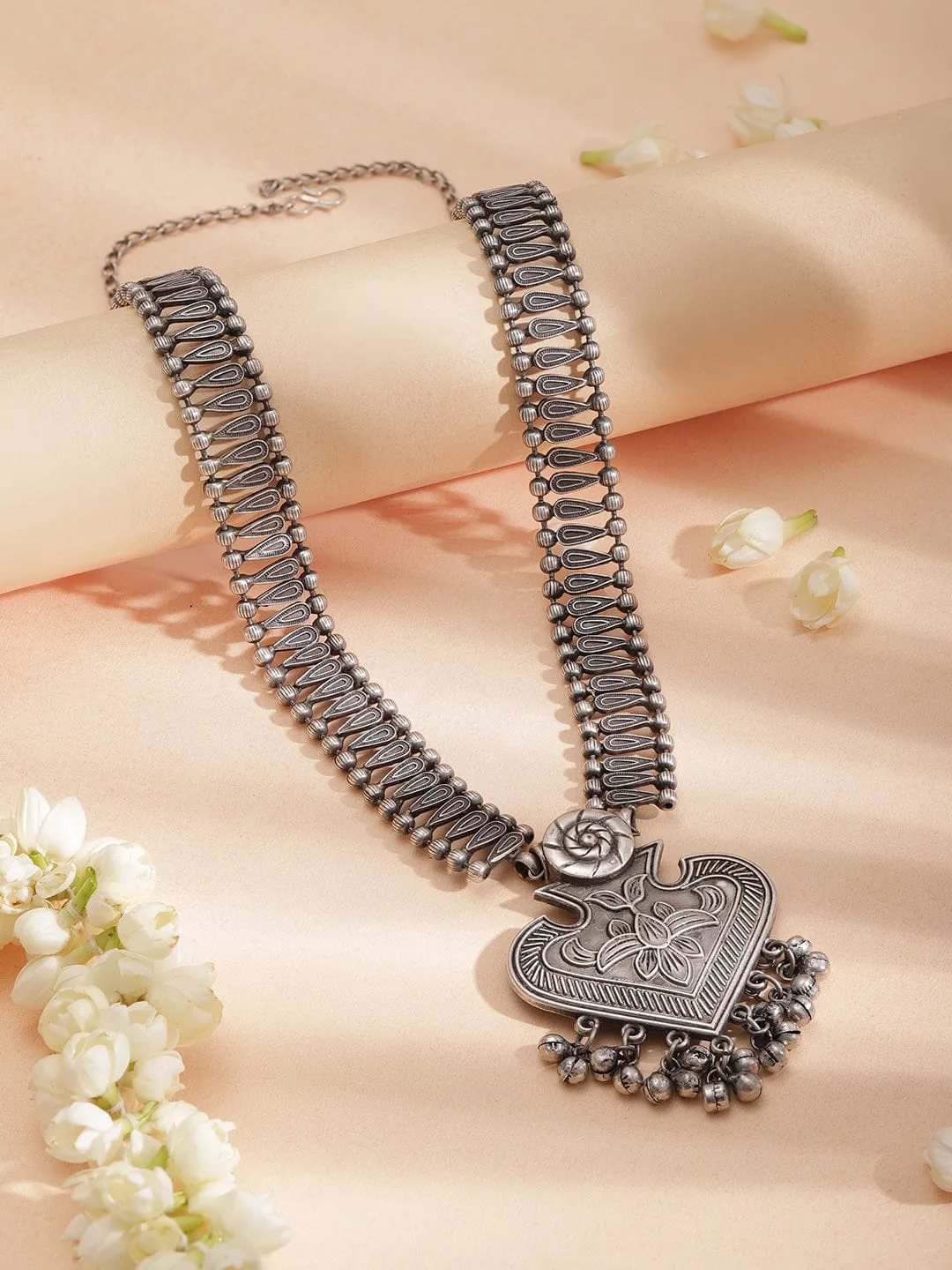 Rubans Rhodium-Plated Heart Shaped Oxidised Necklace