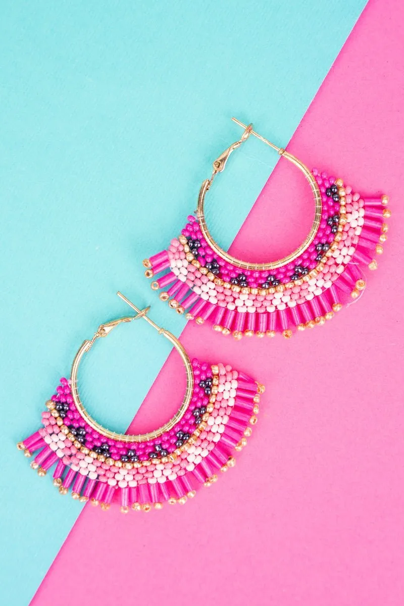 SALE! Natalia Pink Fringe Goldtone Hoop Earrings