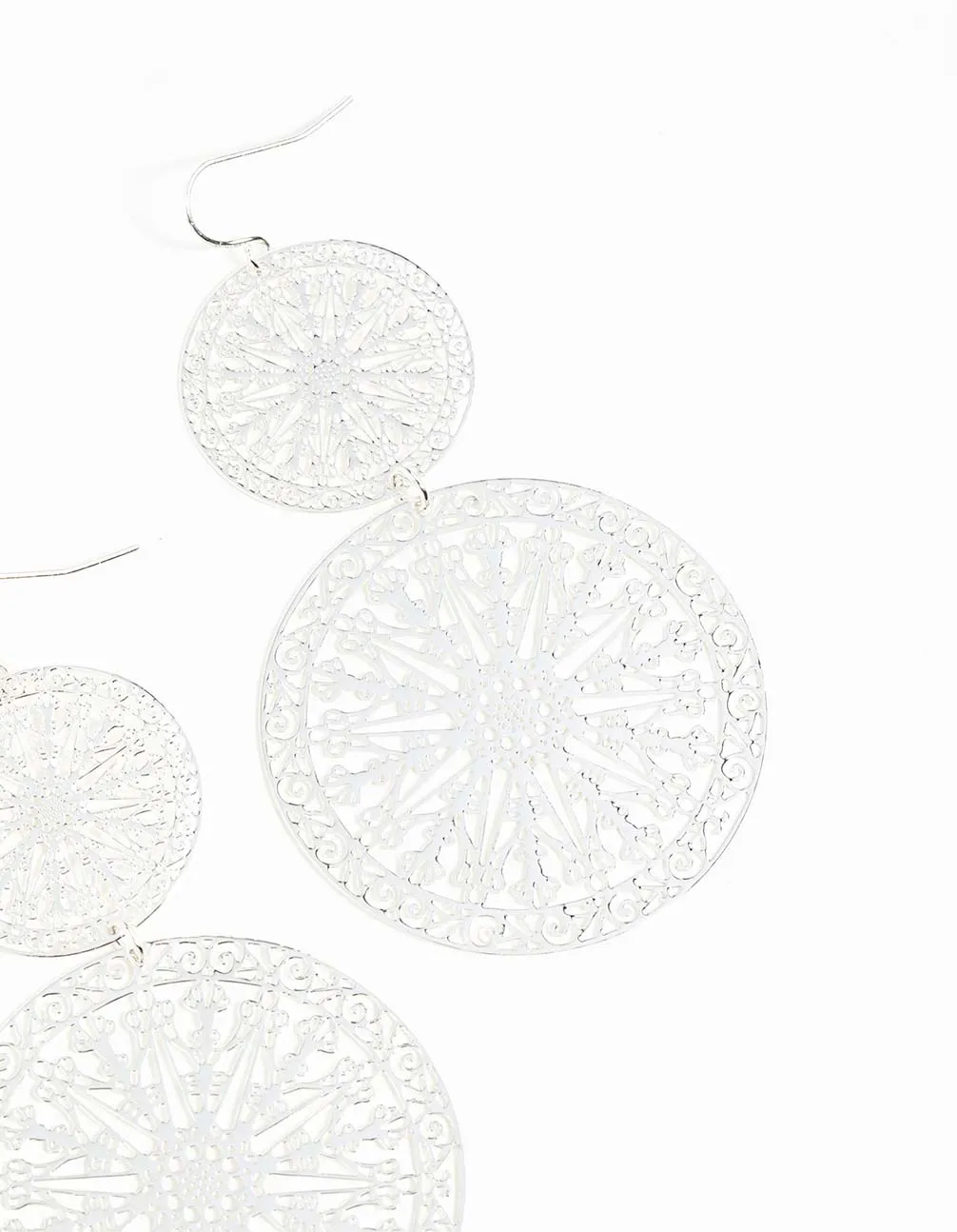 Silver Filigree Statement Disc Drop Earrings