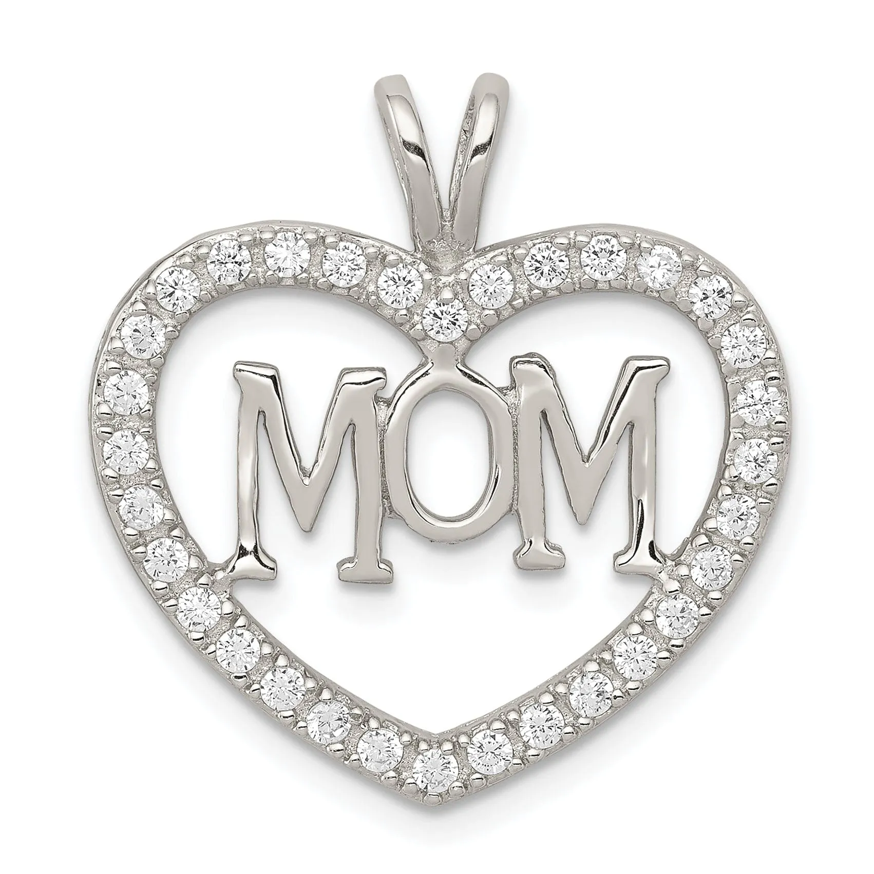 Silver Polished C.Z Open Back Heart MOM Charm