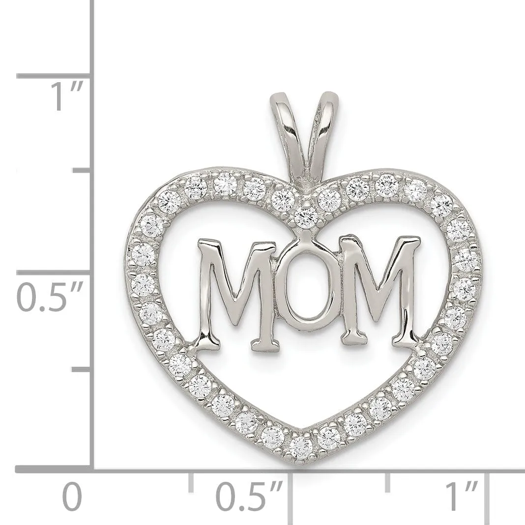 Silver Polished C.Z Open Back Heart MOM Charm