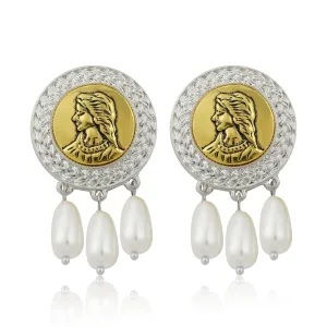 Silver Tone Pearl Bead Hanging Round Girl Embellished Stud Earrings JLT12874