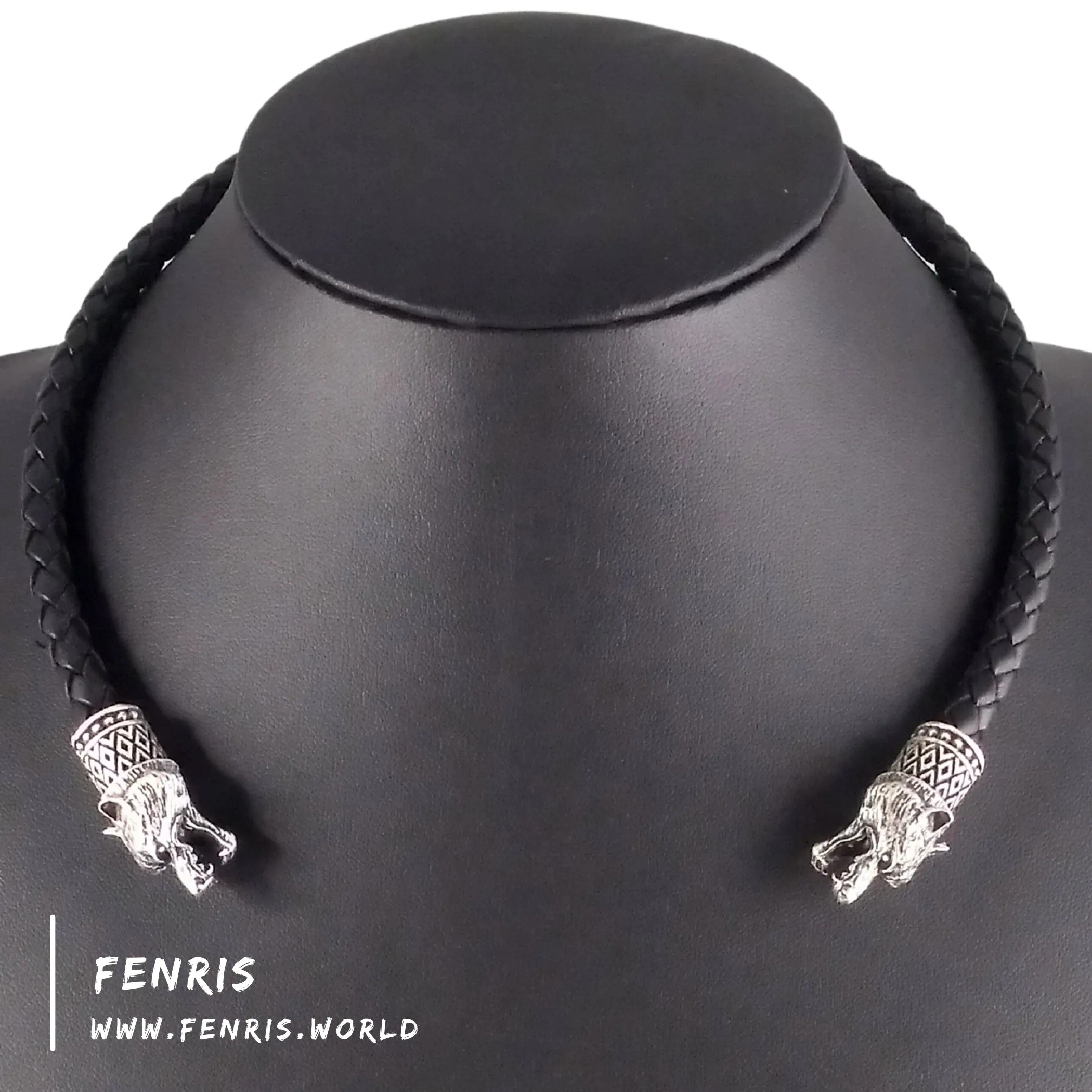 Silver Torc Wolf Black Leather | Fenris