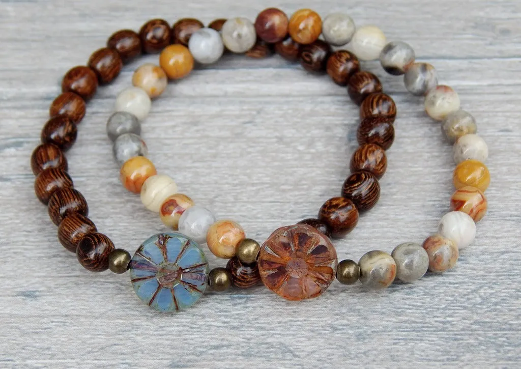 Simple Boho Stacked Small Bead Bracelets with Daisy Focal Beads