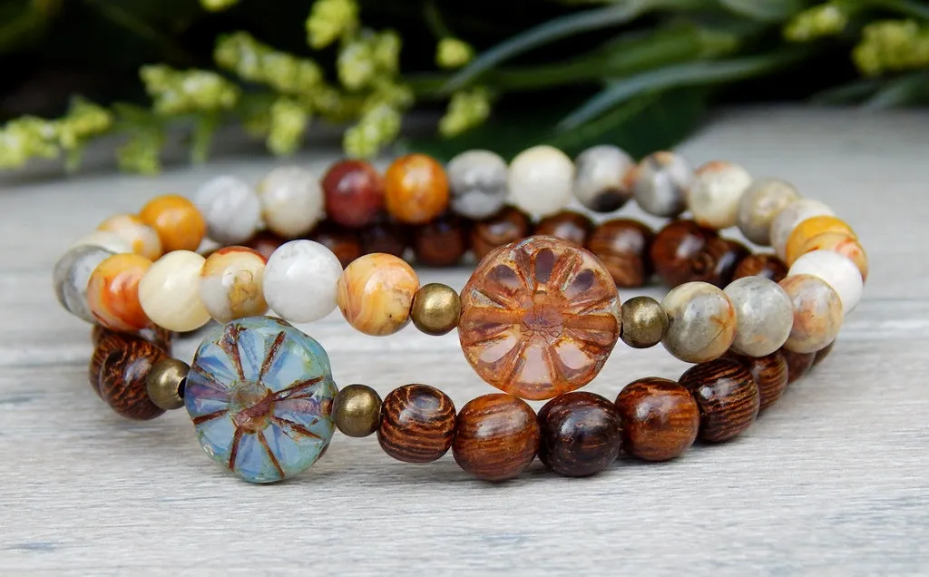 Simple Boho Stacked Small Bead Bracelets with Daisy Focal Beads