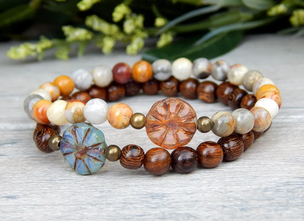 Simple Boho Stacked Small Bead Bracelets with Daisy Focal Beads