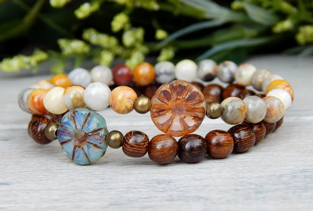 Simple Boho Stacked Small Bead Bracelets with Daisy Focal Beads