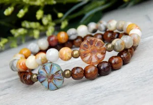 Simple Boho Stacked Small Bead Bracelets with Daisy Focal Beads